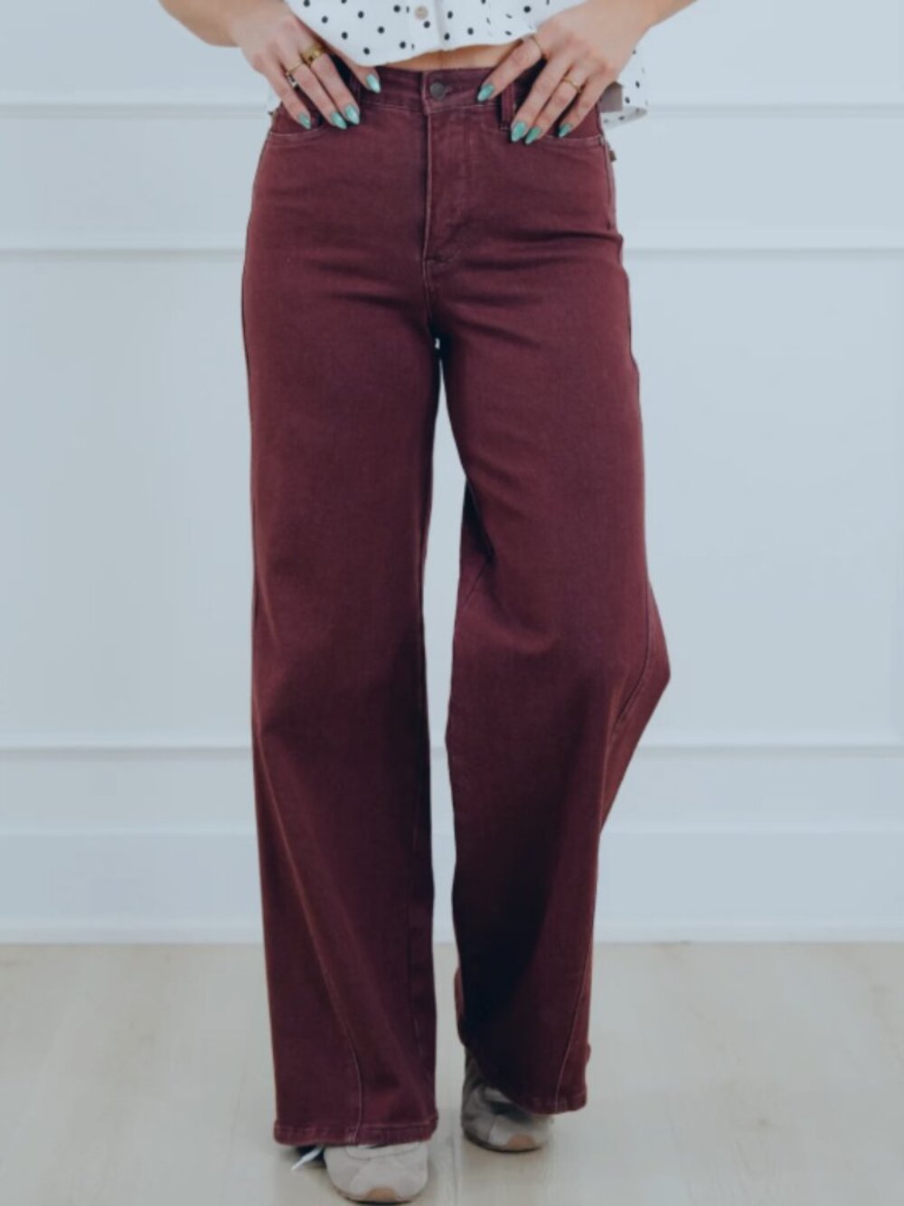 106 Judy Blue High Rise Burgundy Retro Wide Leg Jeans with Twisted Seams - Picture 6 of 8